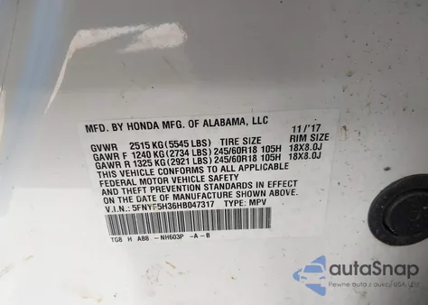 2017 Honda Pilot Ex from USA, damaged, VIN 5FNYF5H36HB047317